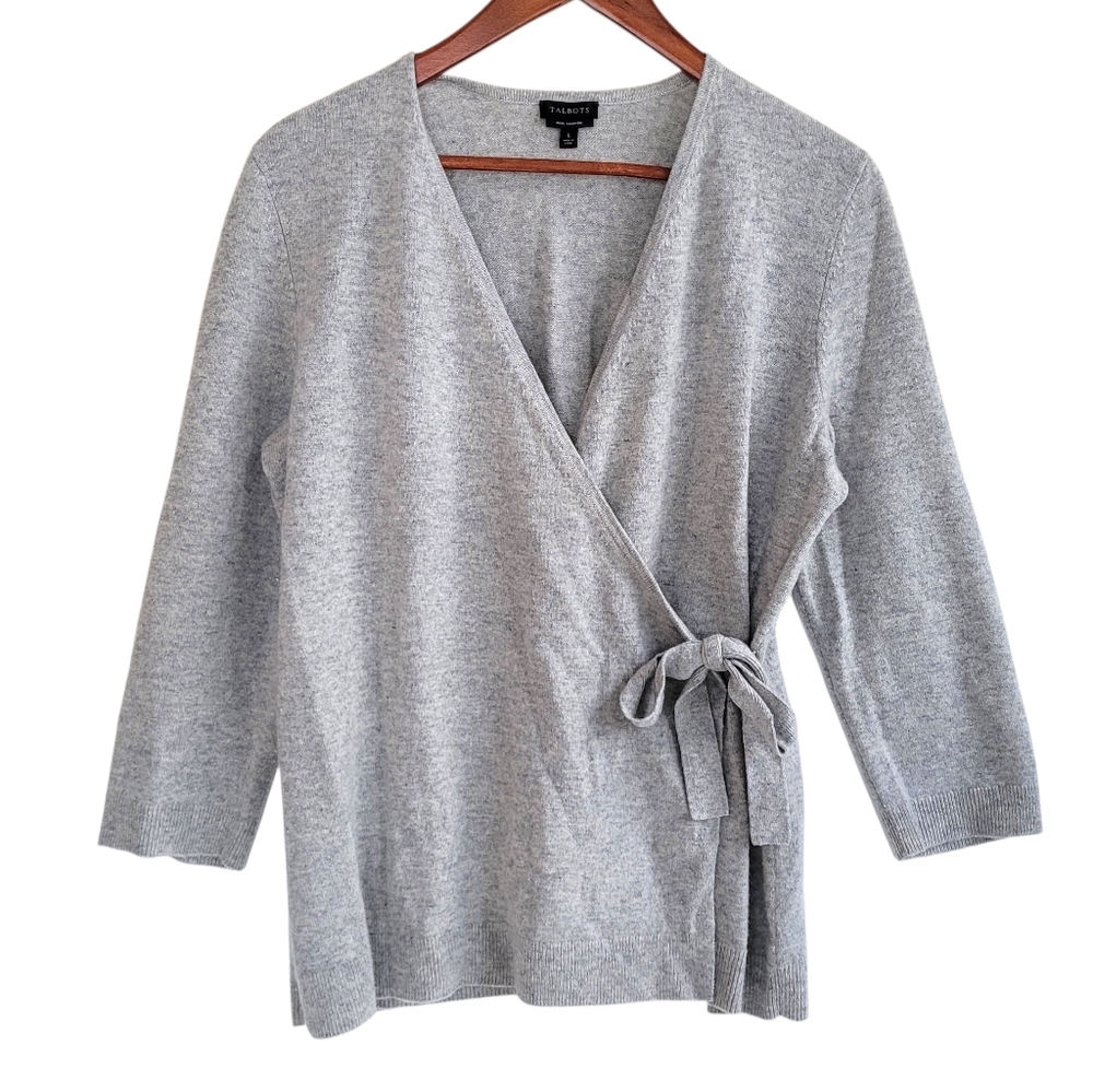 Talbots 100% Cashmere Light Gray Wrap Vneck Cardigan Sweater Large